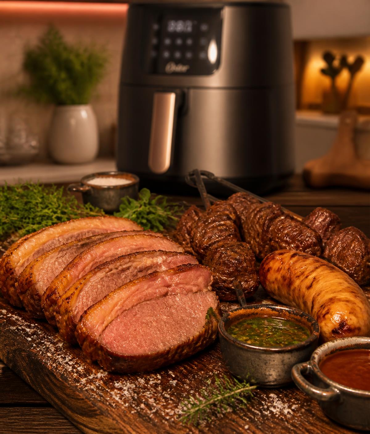 Tábua de madeira com picanha fatiada, espetinhos, linguiça dourada, potes de molho, ervas e sal grosso, com uma Airfryer ao fundo