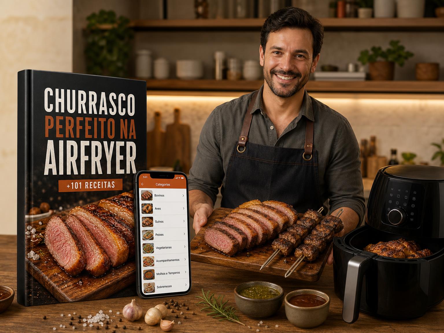 Homem preparando churrasco na Airfryer ao lado do ebook Churrasco Perfeito na Airfryer e de um celular com o app de receitas