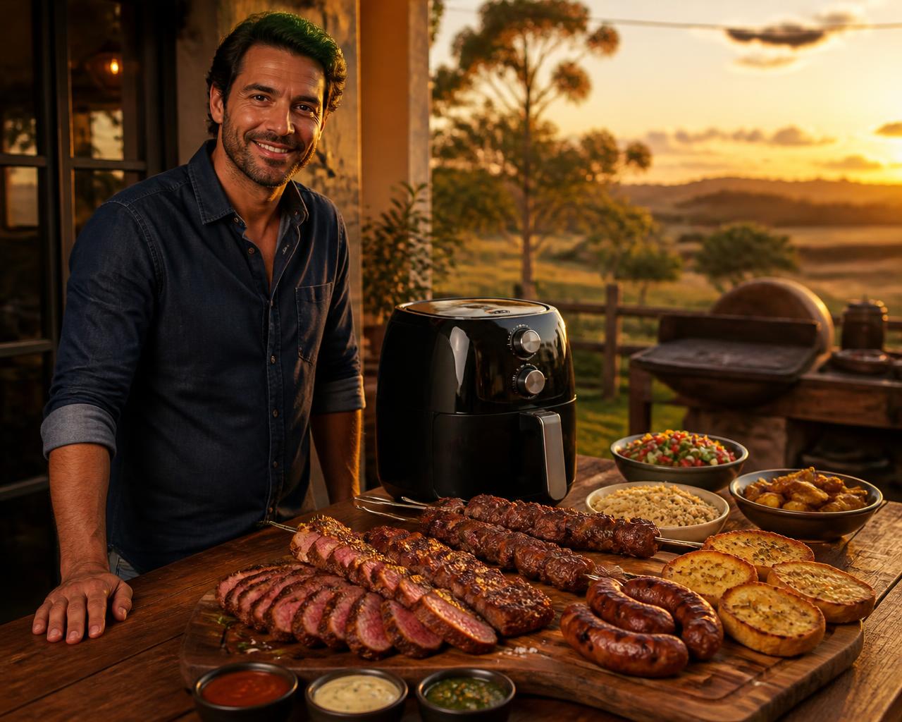 Mesa de churrasco com airfryer, tábua com picanha fatiada, espetinhos, linguiça, pão de alho e molhos
