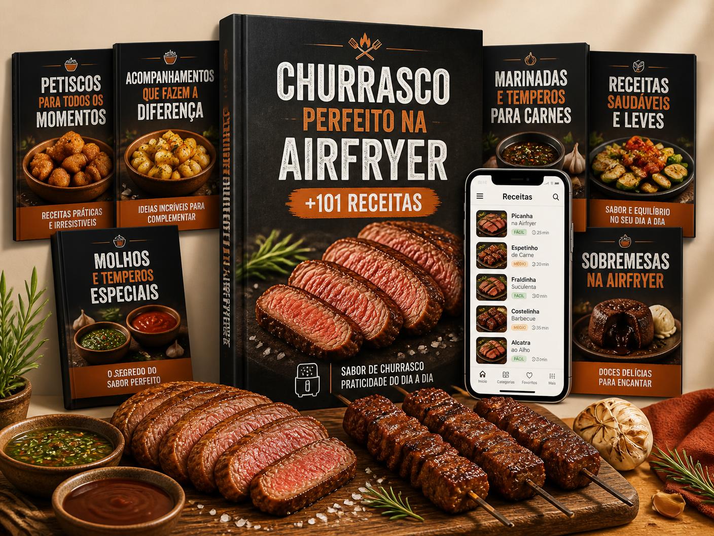 Ebook, celular com o app, os seis bônus e uma tábua com carnes, espetinhos e molhos